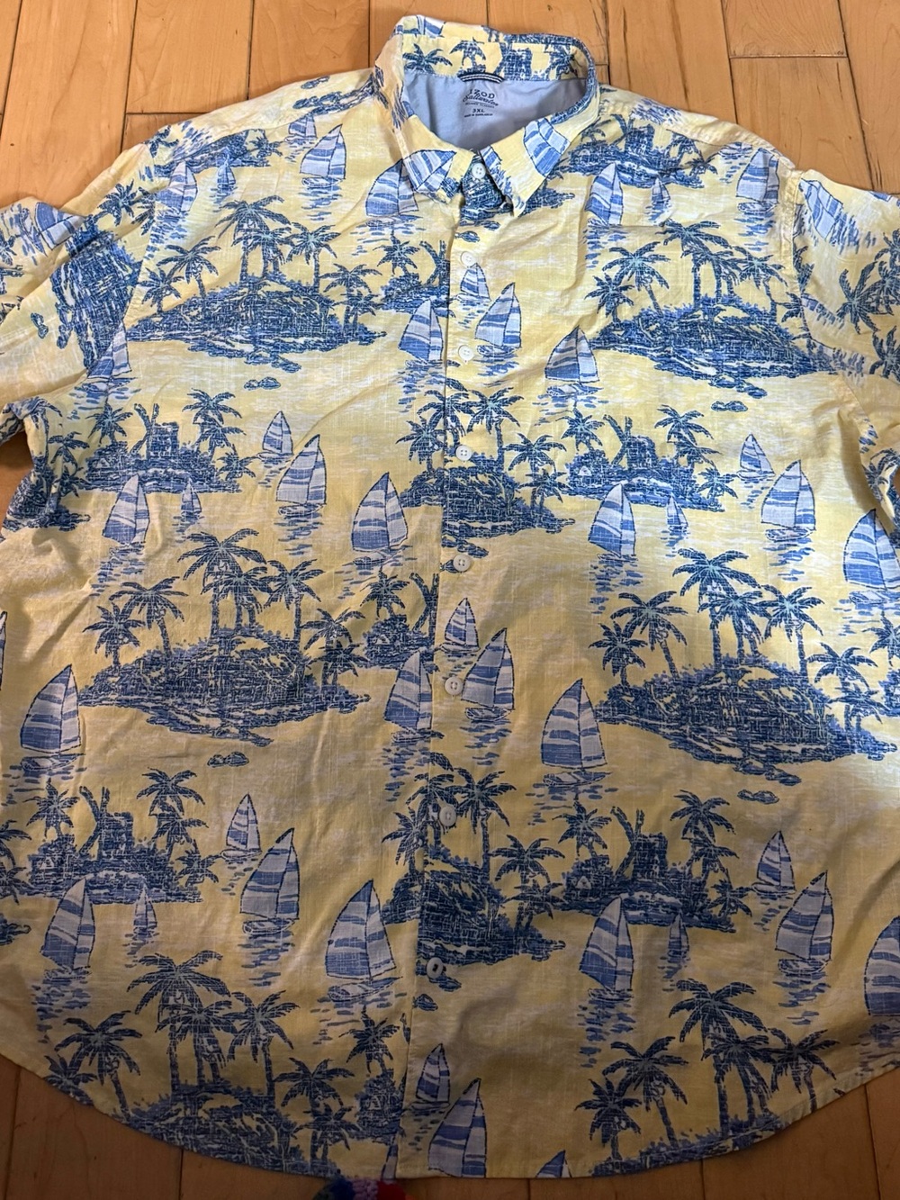 Izod Yellow Button-Down Shirt with Blue Tropical Sailboat Print